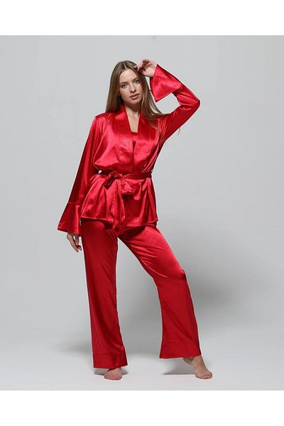 saviniboutique Savi̇ni̇ Victoria Women's Satin 3-Piece Pajama Set with Straps Inside and Dressing Gown