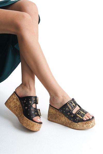 bolemo Black Trock Women's Wedge Heel Slippers