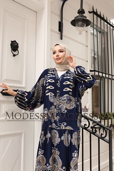 modessia Women Navy Blue 100% Viscose Cotton V-Neck Alaçatı Model Layered Dress V6531