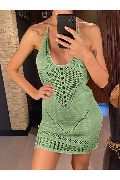 TRQOM Πλεκτό φόρεμα παραλίας με λαιμόκοψη με λαιμόκοψη με λαιμόκοψη Pareo χωρίς πλάτη