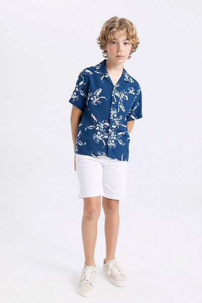 DeFacto Boy's Oversize Fit Polo Collar Patterned Viscose Short Sleeve Shirt C2876A824SM