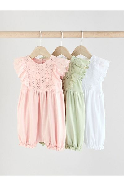 Next Baby 100% Cotton Sage Green Lace Detailed 3-Piece Romper Set