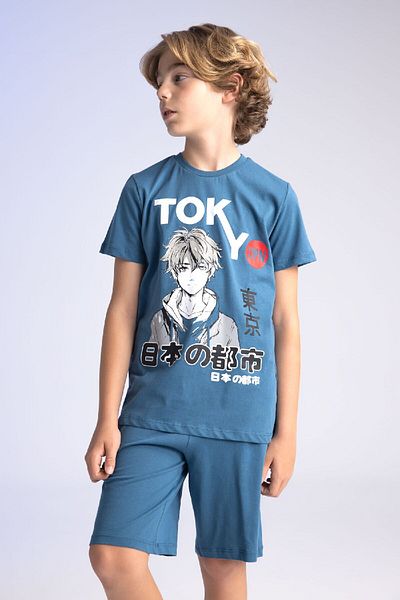 DeFacto Boy's Pajama Set Printed Short Sleeve Top Shorts C2783A824Sm