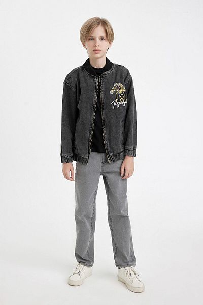 DeFacto Boys' Jean Bomber Jacket - College Collar, Zip Pocket, Seasonal Print C3685A824Au