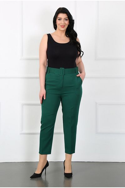 By Alba Collection Women's Emerald Green Thick Belted Dumbbell Large Size Pants