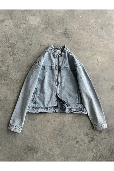 Denim Shorty Mavi Yıkamalı Fermuarlı Kot Ceket