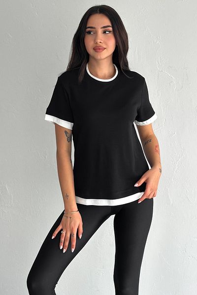 FEMELLE Tricou negru de damă, 100% bumbac, cu decolteu rotund, cu detaliu de panglică