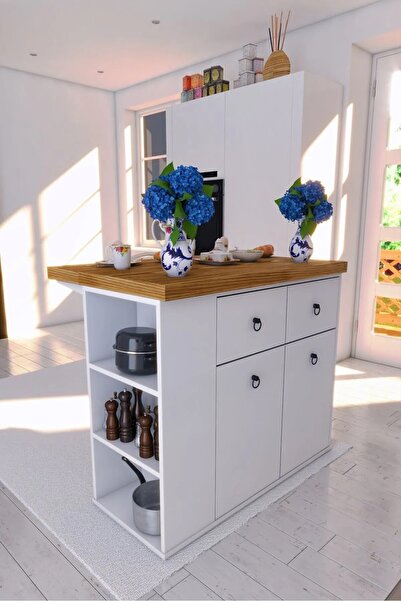 İGEMTASARİM ŞAHİN ADA MUTFAK MASASI KAPAKLI ÇEKMECELİ ÇOK AMAÇLI CEVİZ