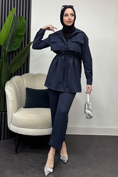 Tesettür Diyarı Women's Double Pocket Zippered Double Suit - Navy Blue