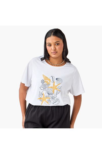 Ulla Popken Plus Size Ulla Popken Seashell Print Round Neck T-shirt with Short Sleeves