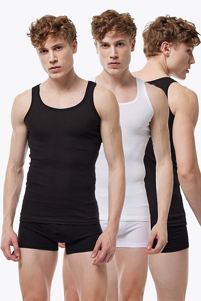 Malabadi Men's Black White 3-Piece 100% Cotton Summer Mesh Undershirt 3m081