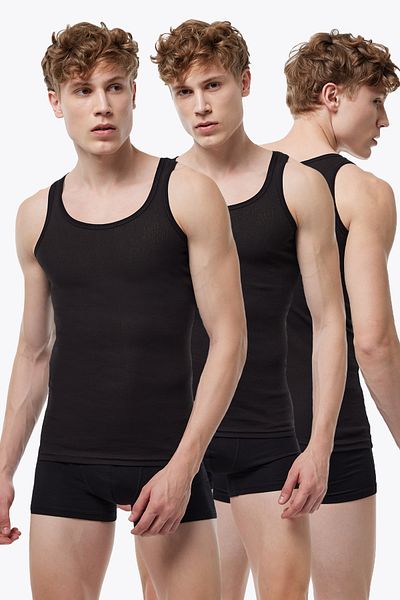 Malabadi Men's Black 3-Piece 100% Cotton Summer Mesh Undershirt 3m081