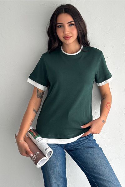 FEMELLE Tricou de damă kaki cu gât rotund, 100% bumbac, cu detaliu de dungi
