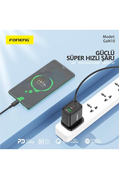 FONENG Gan10 65w Gan Usb-c 2 Port Usb 1 Port Hızlı Şarj Adaptör (TYPE-C KABLO SİYAH)