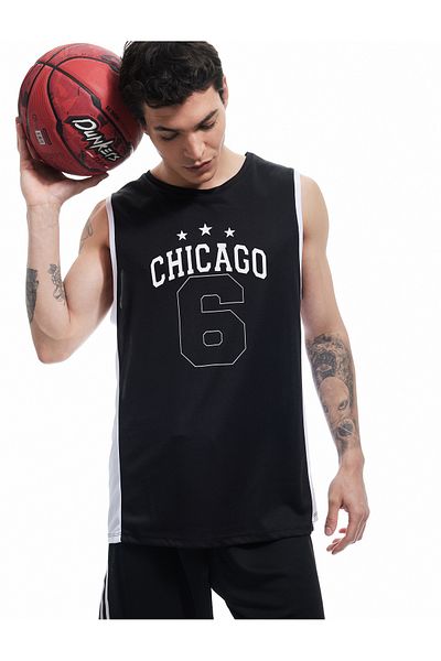 Koton New Season Printed Color Contrast Crew Neck Oversize Sleeveless Sports Basketball T-Shirt