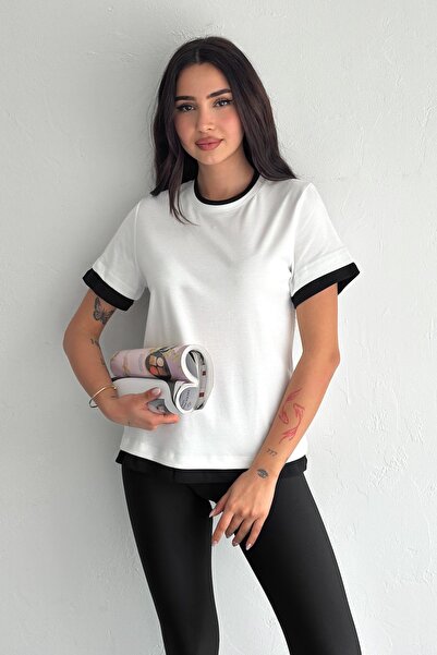 FEMELLE Tricou alb de damă, 100% bumbac, cu decolteu rotund, cu detaliu de panglică