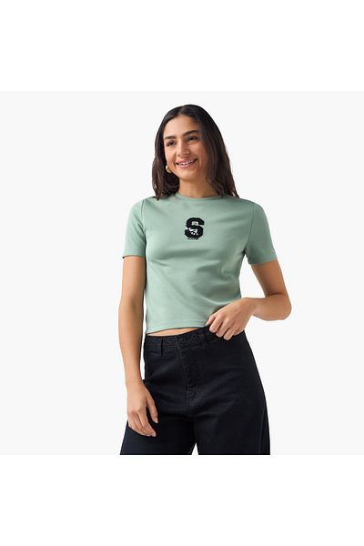 SP Characters Snoopy Embroidered T-shirt with Short Sleeves