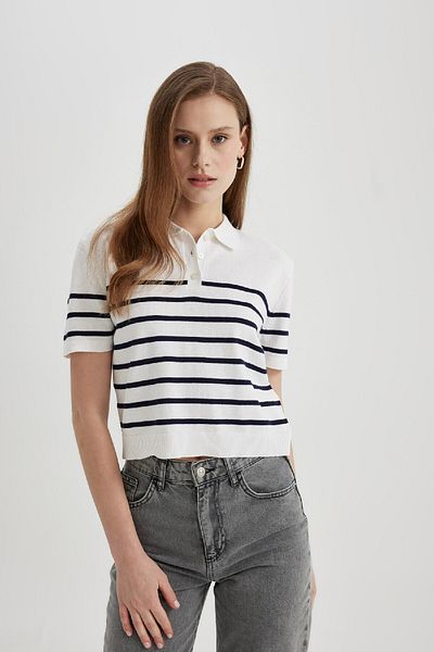 DeFacto Tricou cu dungi cu gât polo - Potrivire obișnuită, mânecă scurtă C4402ax24sm