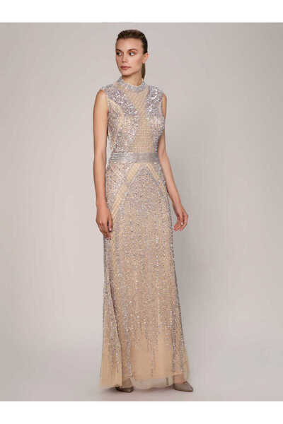 Roman İşlemeli Sırt Detaylı Nişan Elbisesi Bej K1961104_024