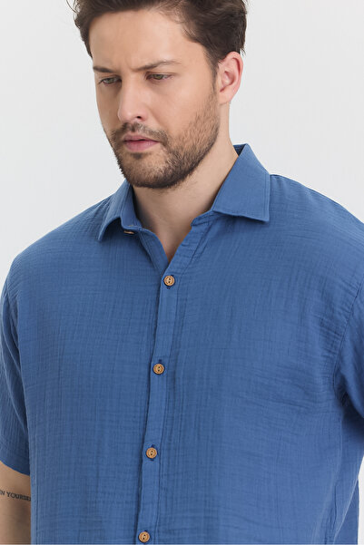 KURULAR RİZE BEZLERİ Чоловіча сорочка - Сорочка з коротким рукавом і мусліновим коміром - 4040