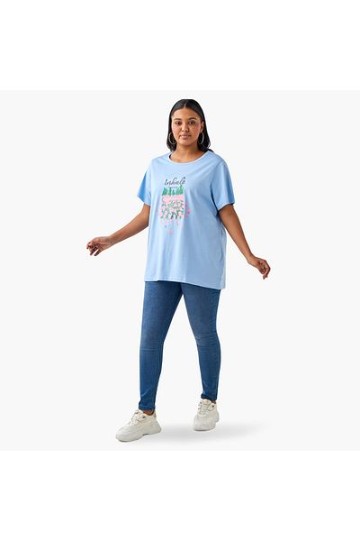 Ulla Popken Plus Size Ulla Popken Graphic Print T-shirt with Short Sleeves and Round Neck