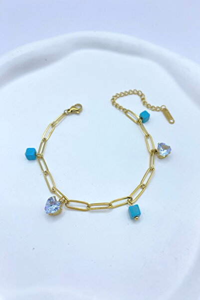 DEMOKAN Kadın Çelik Bileklik Elips Zincir Mavi Küp Taş Zirkon Kalp Bileklik