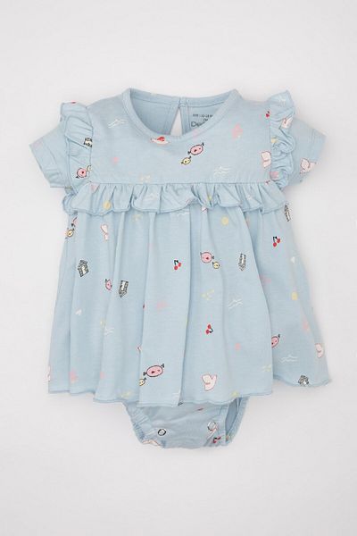 DeFacto Baby Girl Newborn Sea Printed Short Sleeve Snap Cotton Romper C2554A524SM