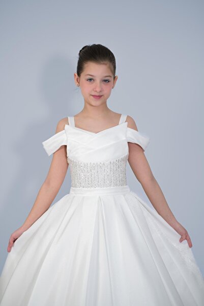 NIGHT SEARCHER Kız Çocuk Abiye Krem Askılı Düşük Omuzlu Payetli  Sunsihe Kumaş Kasnaklı Gelinlik 2-11 Yaş