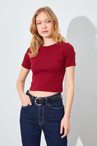 TENA Women's Burgundy (25608) Crew Neck Low Sleeve Full Lycra Ribbed Crop T-Shirt