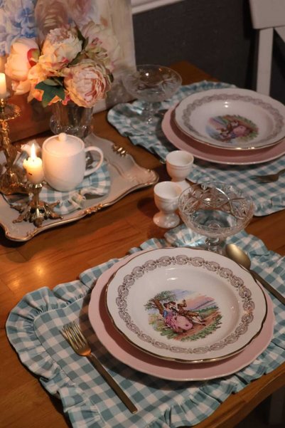 vintagetasarım American Service 2 Pcs of Green Checkered Ruffled Vintage Duck Linen