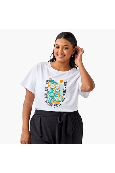 Ulla Popken Plus Size Ulla Popken Graphic Print Round Neck T-shirt with Short Sleeves