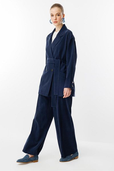 Ghisa Double Breasted Collar Belted Suit Navy Blue