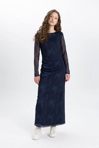 DeFacto Batik-Tüll-Midikleid mit U-Boot-Ausschnitt und langen Ärmeln – C3064ax24sp