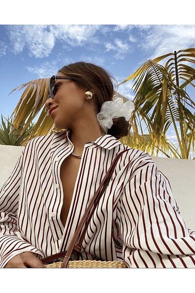 King Brothers Loose Fit Burgundy Striped Single Pocket Long Sleeve Boyfriend Women's Shirt
