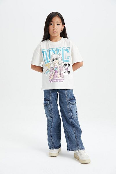 DeFacto Girls Oversize Wide Fit Crew Neck Printed Short Sleeve T-Shirt B5170A824Hs