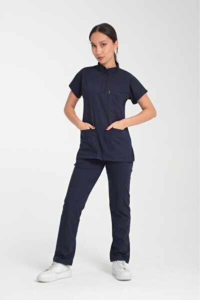 YILMAZ Üniforma Lacivert Hakim yaka Unisex likralı ütü istemeyen doktor hemşi...