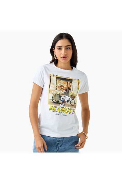 SP Characters Peanuts Print Crew Neck T-shirt with Short Sleeves