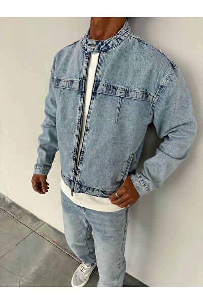 Denim Shorty Mavi Yıkamalı Fermuarlı Kot Ceket