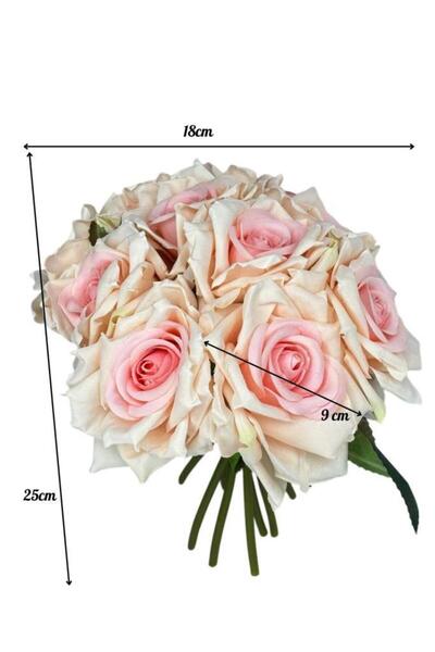 Nettenevime Yapay Çiçek Pembe Gül 10lu Demet Gelin Çiçeği Buketi Masa Üstü Vazo Çiçeği 25cm