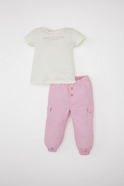 DeFacto Baby Girl 2 Piece Set Printed Short Sleeve T-Shirt Top Parachute Pants Bottom C4621A524Sm