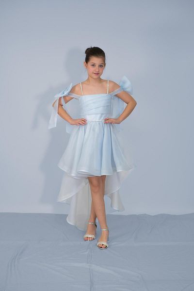 NIGHT SEARCHER Βραδινό φόρεμα για κορίτσια Baby Blue Chiffon μανίκια Χαμηλό φιόγκο Λεπτομερές βραδινό φόρεμα με τρενάκι 10-15 ετών