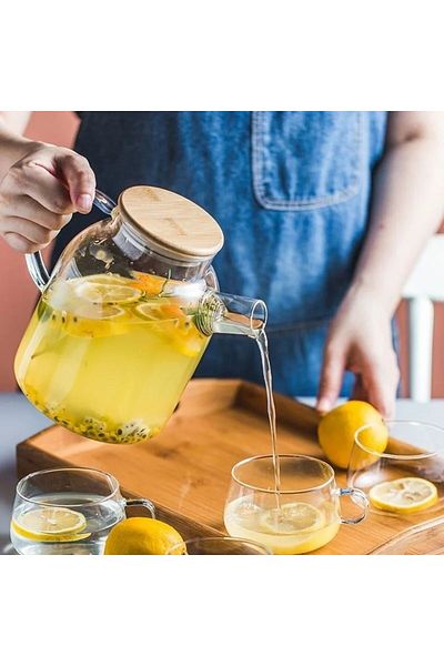 Qerhome Fire Resistant Borosilicate Glass Bamboo Lid Herbal Tea Infuser & Jug 1800 ml