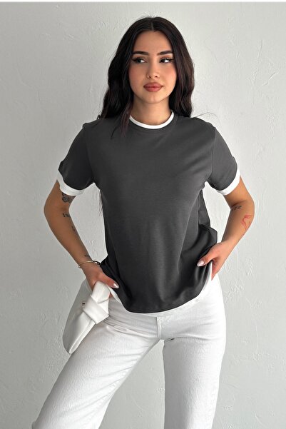 FEMELLE Women's Anthracite Round Neck Stripe Detailed 100% Cotton T-Shirt