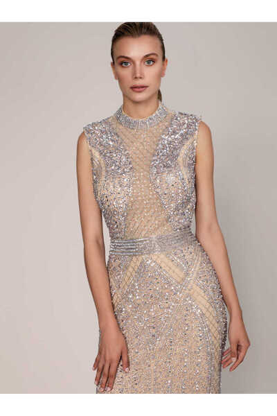Roman İşlemeli Sırt Detaylı Nişan Elbisesi Bej K1961104_024