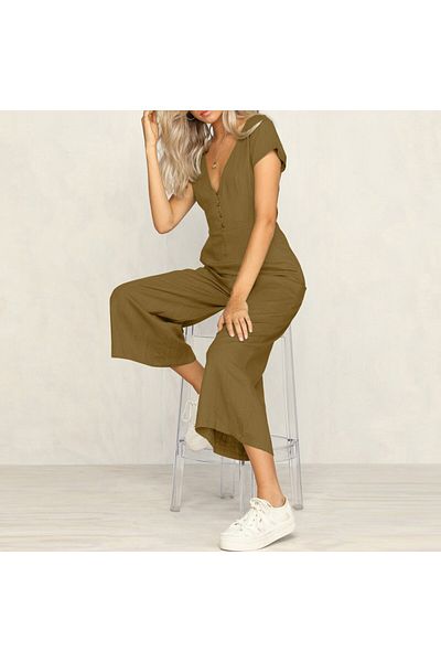 Barbora Leinen Casual Sommer V-Ausschnitt Kurzes Bein Design Damen Jumpsuit