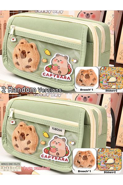 Choice Green-1doll2sticker 1pc Large Capacity Pencil Case Flip Cover Stationery Pencil Bag Simple Stationer