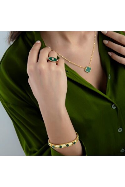 ESEEN Gold Renk Emerald Sıralı İthal Yonca Kelepçe Bileklik Vip Kalite
