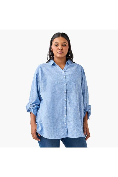 Ulla Popken Plus Size Ulla Popken Regular Fit Linen Blend Shirt with Long Sleeves