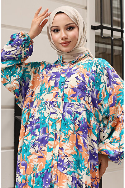 sefamerve Alaçatı Desen Düğmeli Elbise 2021-02 Mor Yeşil