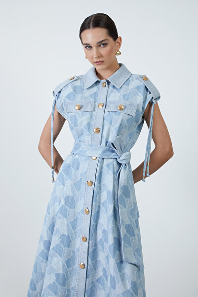 4G GIZIA Gold Düğme Detaylı Kuşaklı Patchwork Mavi Midi Elbise